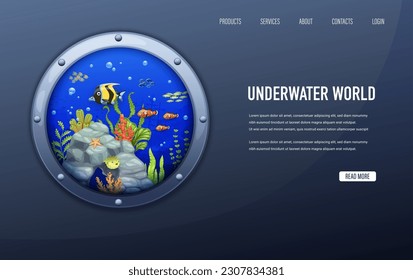 Landing page, porthole with sea paper cut underwater landscape, vector cartoon fish shoal and seaweeds. Undersea website template with coral reef world in submarine or bathyscaphe boat pothole