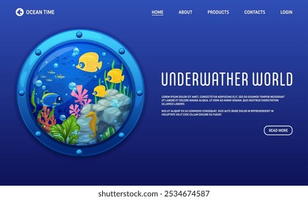 Landing page with porthole and underwater landscape with tropical fish shoal and seaweeds. Vector web banner template captivates the beauty of marine life, invites for ocean and sea aquatic adventures