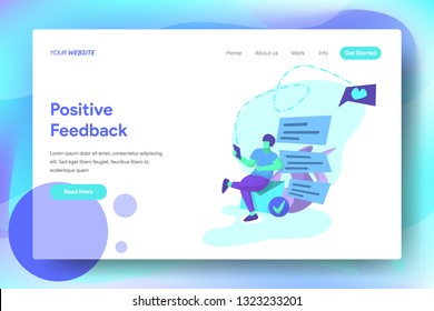 Landing Page Positive Feedback, the concept of a man sitting on an envelope while using a smartphone, can be used for landing pages, web, UI, banners, templates, backgrounds, flayer, posters - Vector
