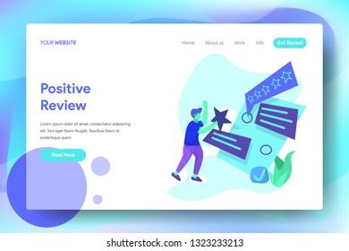 Landing Page Positive Review, the concept of a man carrying a star on a comment board, can be used for landing pages, web, ui, banners, templates, backgrounds, flayer, posters - Vector