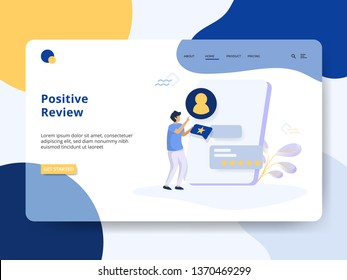 Landing Page Positive Review concept, A man is giving a review on the board. It can be used for web landing pages, mobile apps, banners, flayer, social media promotions. vector-illustration