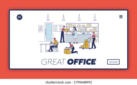 Landing page for post and delivery with post office interior and people sending and receiving mail and couriers shipping parcels. Postal service and transportation concept. Linear vector illustration