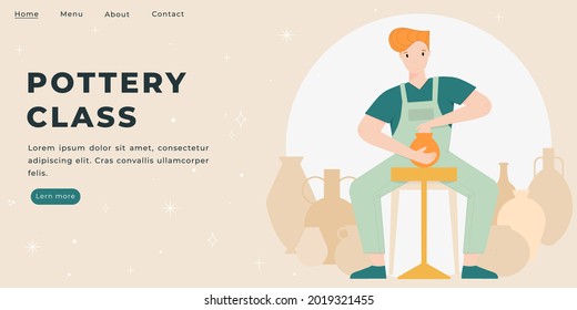 Landing page for pottery class with young man. Template for pottery studio  web site.