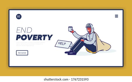 Landing Page With Poverty Concept And Homeless African American Man Begging For Money On Background. Homelessness, Unemployment And Addiction. Tramps Or Refugees. Linear Vector Illustration