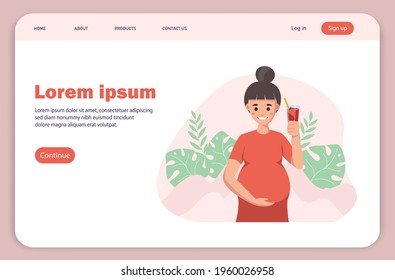 Landing page, pregnant woman with a smoothie. Pregnant woman concept vector illustration in cute cartoon style, healthcare, pregnancy. Healthcare concept