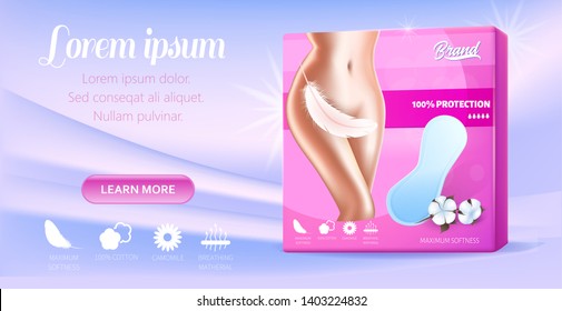 Landing Page for Presentation Hygienic Soft Cotton Pads. Feminine Product in Realistic Pack with Body Silhouette Feather Covered and Hygienic Breathing Napkin without Wings. Vector 3d Illustration