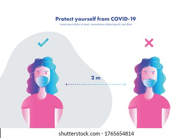 Landing page and presentation template with woman showing how properly to wear a mask. Protect yourself. 