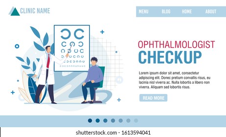 Landing Page Presenting Ophthalmologist Clinic. Professional Optician Checkup. Cartoon Ophthalmologist Testing Patient Eyesight Vision, Eyeglasses Selection. Vector Cartoon Illustration