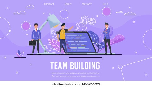 Landing Page Presenting Team Building Process. Collaborating Business Men, Office Male Characters. Effective Personnel Management. Vector Huge Laptop with Program Code Flat Illustration