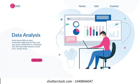 Landing Page Presents Effective Data Analysis App. Analytics Results Visualization on Interactive Whiteboard and Modern NFC Technology. Man Working with Graphs and Charts on PC. Vector Illustration