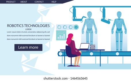 Landing Page Presents Robotic Technologies Manufacture. Smart Industry. Woman Engineer Control Automatic Process by User Interface. Robot Generated by Industrial AI Manipulator. Vector Illustration