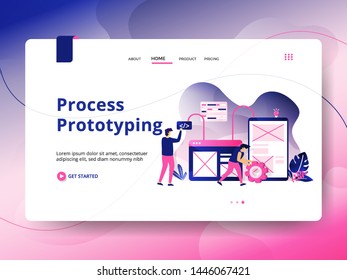 Landing page Process Prototyping, the concept of people are prototyping to build websites, can be used for landing pages, web, ui, banners, templates, backgrounds, flayer, posters - Vector