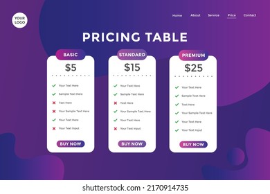 Landing page product package price for website. Price chart template. business plan pricing list. Gradient Color