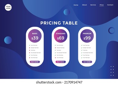 Landing page product package price for website. Price chart template. business plan pricing list. Gradient Color