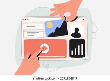 Landing page, programming, research concept. Hands of workers working on website or application, ui ux design and programming as team of designers vector illustration. Development app, coding, startup