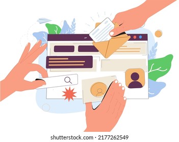 Landing page, programming, research concept. Hands of workers working on website or application, ui ux design and programming as team of designers vector illustration. UI interface, development vector