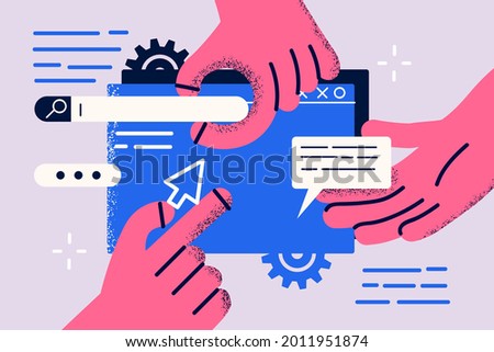 Landing page, programming, research concept. Hands of workers working on website or application, ui ux design and programming as team of designers vector illustration