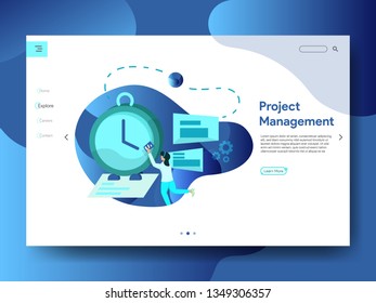 Landing Page Project Management, the concept of a woman managing work schedules on a large wall clock, can be used for landing pages, web, ui, banners, templates, backgrounds, flayer, posters - Vector