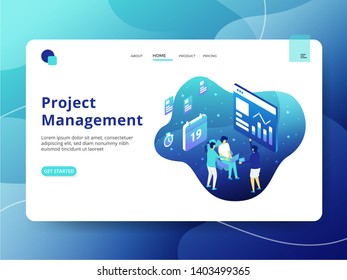 Landing Page Project Management, the concept of people discussing in front of the board, can be used for landing pages, web, ui, banners, templates, backgrounds, posters - Vector