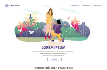 Landing Page Promoting Engagement in Greenhouse or Orangery Garden. Man Character Standing on One Knee, Holding Ring and Asking Woman Marry him. Best Life Moments. Cartoon Flat Vector Illustration