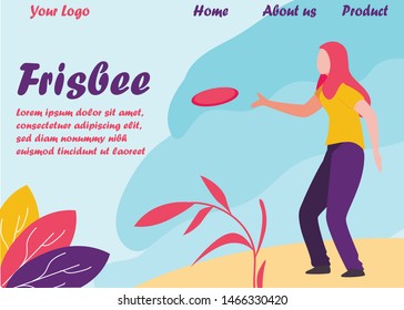 Landing Page Promoting Game for Family and Friends. Summer Sport and Activity. Cartoon Mother, Woman, Flying Disc Player Throwing Plastic Plate. Summertime and Rest. Vector Flat Illustration