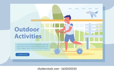 Landing Page Promoting Summer Activities for Kids. Cartoon Cute Little Boy Scooting in City Urban Green Park. Child and Scooter, Bird Flying in Sky Trendy Flat Design. Vector Flat Illustration