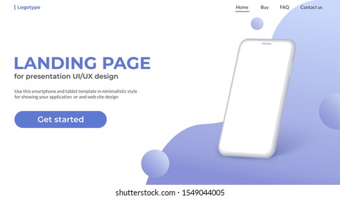 Landing page purple background with white smart phone mock up with blank screen. Cell phone in side perspective view for web and app design presentation. Site mock up for web and mobile.