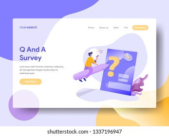 Landing Page Q And A vector illustration concept, a man riding a pencil to survey boards, can use for, landing pages, templates, UI, web, mobile app, poster, banner, flyer