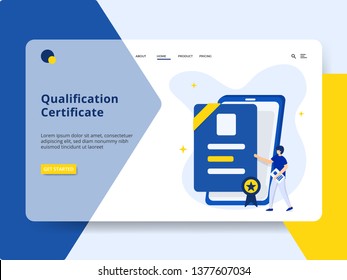 Landing page Qualification Certificate Concept, a man is standing next to a smart phone. can be used for onboarding mobile apps, web landing pages, banners, posters. vector-illustration