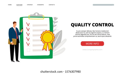 Landing page quality control. The manager carries out quality control according standards vector web page