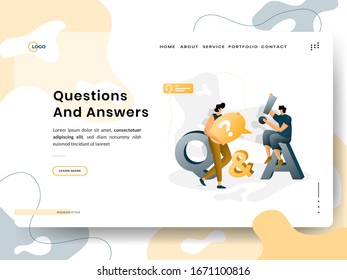 Landing page Questions and Answers, the concept of men in communication, can be used for landing pages, web, UI, banners, templates, backgrounds, web development.