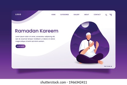Landing Page - Ramadan illustration of a Man Pray to God with the Background Purple at Night.