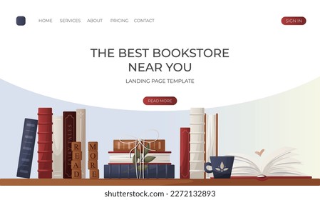 Landing page with reading bookshelve with stack of books with cup of tea, open book, wooden letter tiles. Bookstore, bookshop, library, book lover, bibliophile, education. Vector for banner, website