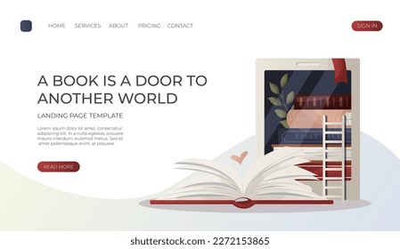 Landing page with reading open huge book with heart, electronic ebook reader. Tablet digital literature. Bookstore, bookshop, library, book lover, bibliophile, education. Vector for banner, website