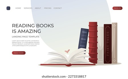 Landing page with reading open huge book with heart, reading stack of books. Education book heap. Bookstore, bookshop, library, book lover, bibliophile, education. Vector for banner, website