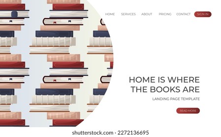Landing page with reading pattern of stack of books. School books pile. World book day. Education book heap. Bookstore, bookshop, library, book lover, bibliophile, education.Vector for banner, website