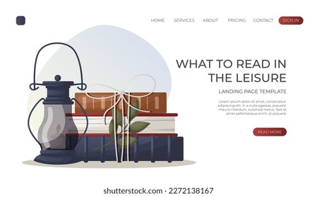 Landing page with reading stack of books, lantern with candle,plant. School books pile. Education book heap.Bookstore, bookshop, library, book lover, bibliophile, education. Vector for banner, website