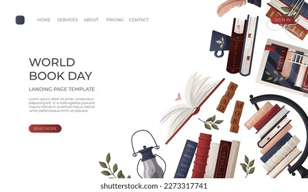 Landing page with reading stack of books with cup, open book, wooden letter tiles, lantern, globe, inkwell. Bookstore, bookshop, library, book lover, bibliophile, education. Vector for banner, website