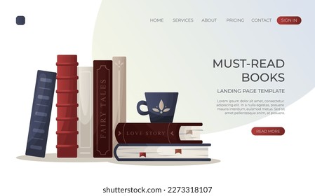 Landing page with reading Stack of books with cup of tea. School books pile. Education book heap.Bookstore, bookshop, library, book lover, bibliophile, education. Vector for banner, website