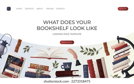 Landing page with reading stack of books with cup, open book, wooden letter tiles, lantern, globe, inkwell. Bookstore, bookshop, library, book lover, bibliophile, education. Vector for banner, website
