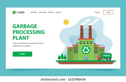 Landing page for recycling. green plant with chimneys and smoke. flat web illustration