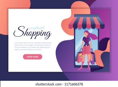 Landing page related to fashion, shopping and discounting. Flat illustration with a shopper.