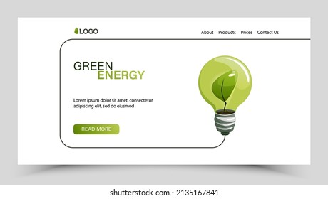 Landing page for renewable energy and biogas projects. Realistic green light bulb with leaf inside. Vector background in flat style.