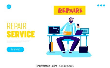 Landing page for repair service website for broken computers, tablets and smart phones fixing. Damaged technology customization concept. Cartoon vector illustration