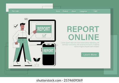 Landing page for report online concept illustration. A man is pointing to a report on screen