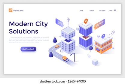 Landing page with residential building, streets, location marks and place for text. Modern city solutions, urban housing and infrastructure. Isometric vector illustration for online service website.