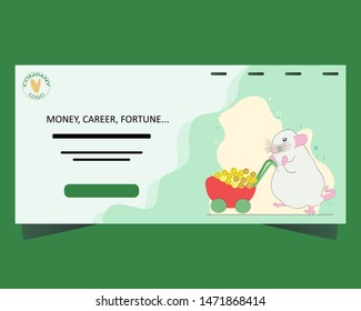 Landing page with rich rat with loads of gold coins. Wealth concept. Vector Illustration