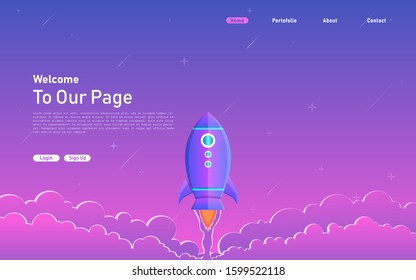 landing page with rocket shapes and purple gradient