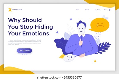 Landing page with sad person covering its face with smiling mask. Concept of fake emotion, hiding negative feelings under false happiness, toxic positivity. Modern vector illustration for banner