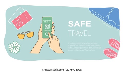 Landing page with safe travel concept. Green pass on smartphone screen with travel staff on background. Vector illustration